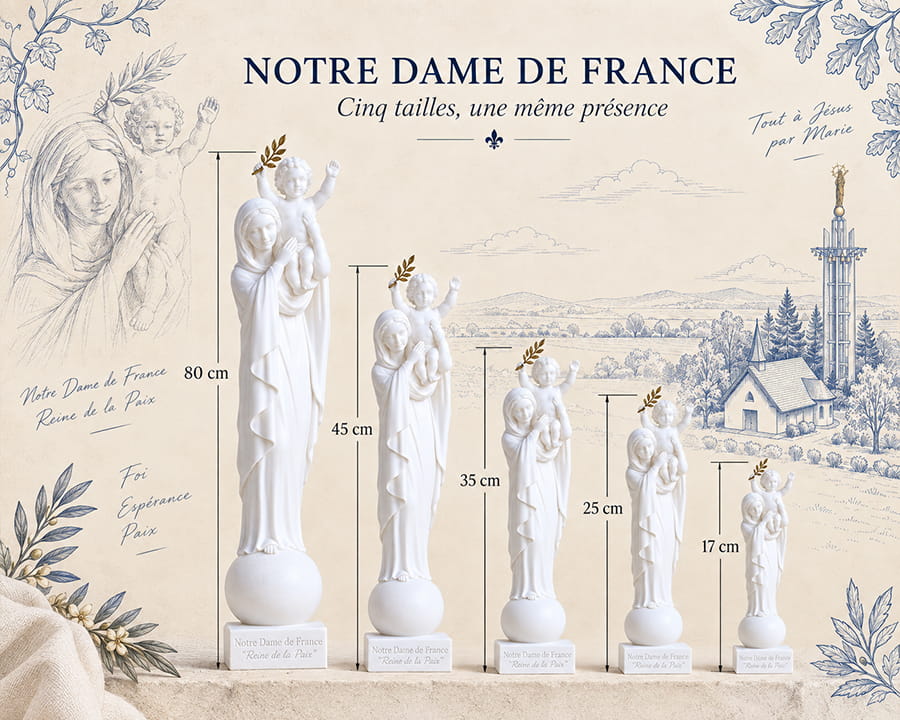 Comparaison des quatre tailles de la statue Notre-Dame de France
