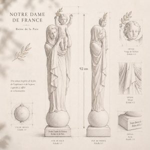 Statue Notre-Dame de France, Reine de la Paix, de 92 cm vue de face et vue de trois quarts