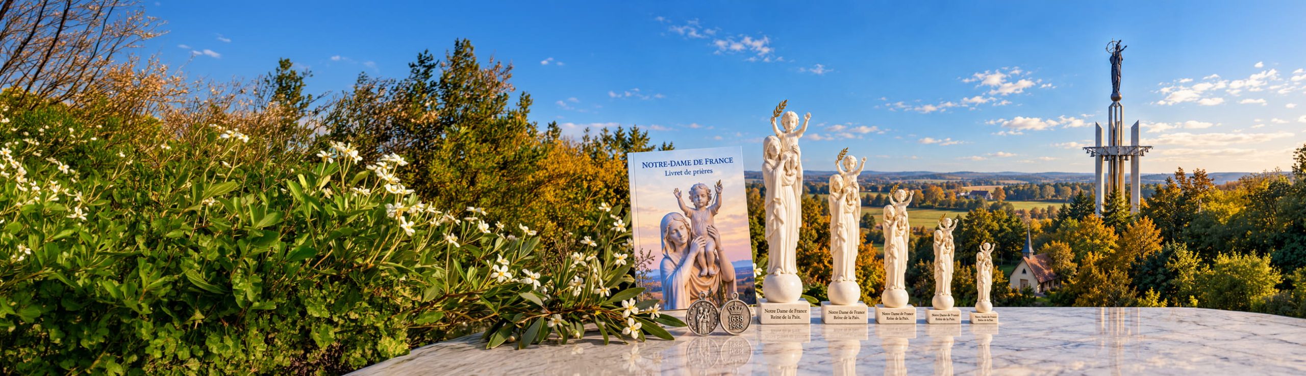 Statuettes, livrets et médailles de la boutique Notre-Dame de France