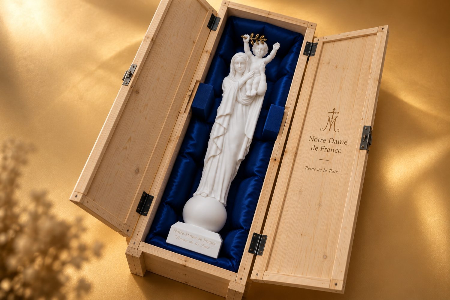 La statue de Notre-Dame de France, Reine de la Paix, dans son coffret en bois doublé de satin bleu
