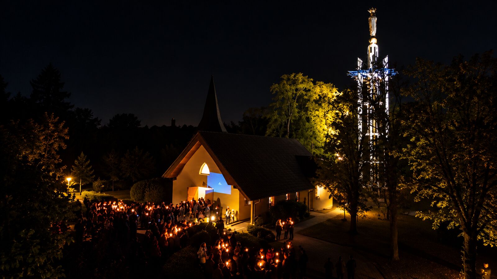 Fidèles aux flambeaux devant la chapelle du sanctuaire, sous la statue monumentale illuminée de Notre-Dame de France
