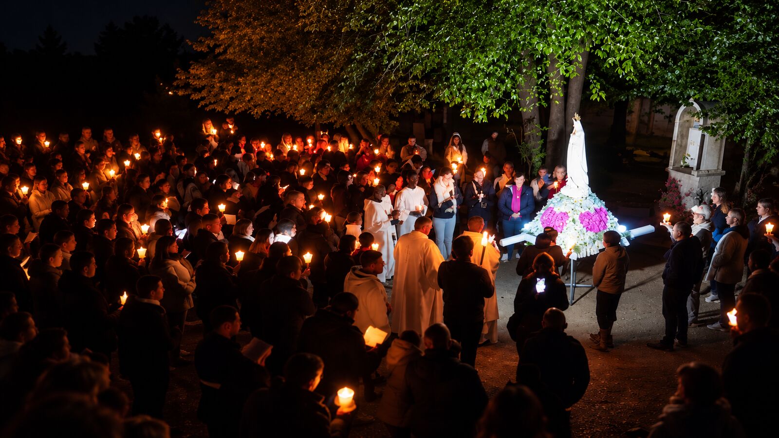 Les fidèles en prière, flambeaux à la main, autour de la statue de Notre-Dame de Fatima.